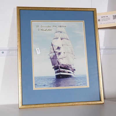 Framed Set of Naval Ship Photographs including Embroidered Badge and a Signed Tallship Photograph