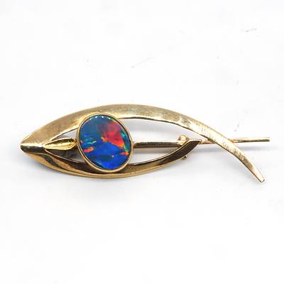 Antique 9ct Yellow Gold Brooch with Black Opal Doublet with Very Good Play of Colour, Including Red, 4.6g