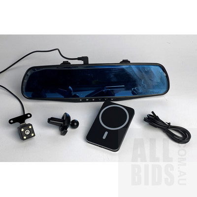 Rear View Mirror with Inbuilt Dash Cam and Reversing Cam, and 15W Magnetic Wireless Car Charger