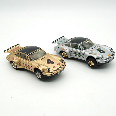 Two Scalextric Porches 0.125 Slot Cars, Including Gold Example