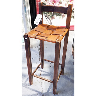 Vintage Timber Framed Stool with Woven Leather Seat
