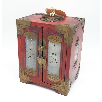 Vintage Chinese Eastern Wooden Jewellery Case with Carved Serpintine Panels and Brass Trim