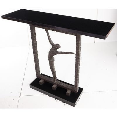 Decorative Antique Style Console Table with Figural Cast Metal Center and Granite Top and Base