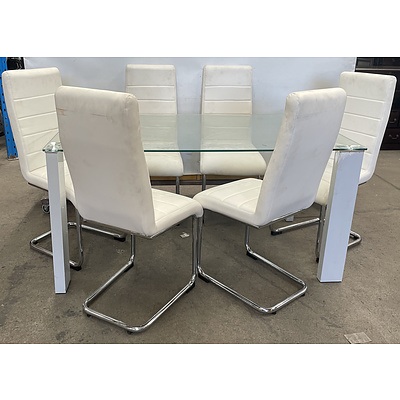 Contemporary Glass Topped Dining Suite With White Faux Leather Chairs