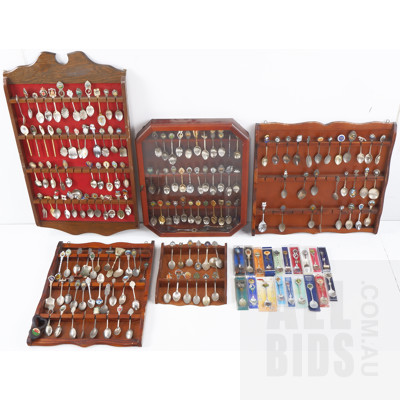 Four Vintage Display Stands with a Large Assortment of Souvenir Spoons