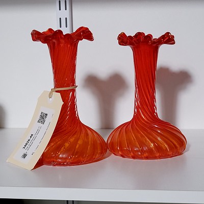 Pair of Victorian Orange Hand Blown Glass Vases (2)