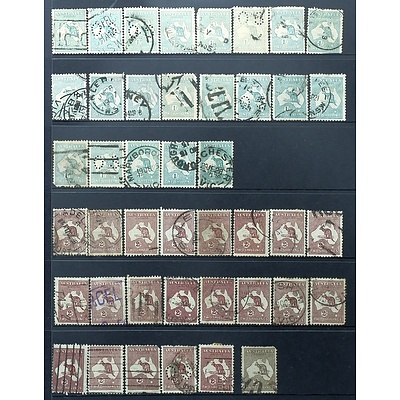 Sheet of Australian One Shilling and Two Shilling Kangaroo Stamps, Various Over Stamps and Perforations