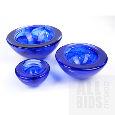 Set of Three Kosta Boda Cobalt Blue Graduated Bowls - Original Labels and Marks to Base