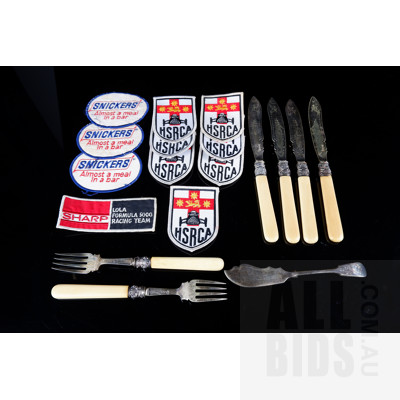 Assorted Collectible Cloth patches and Seven Pieces of vintage EPNS Cutlery