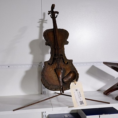 Hand Crafted Rustic Metal Art Violin with Stand