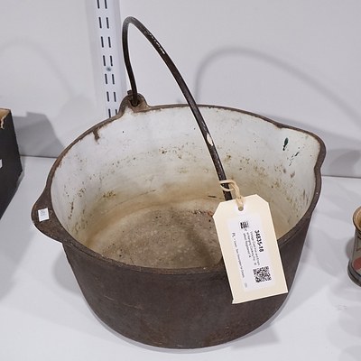 Vintage Cast Iron and Enamel Hanging Cooking Pot - Marked Registered 14