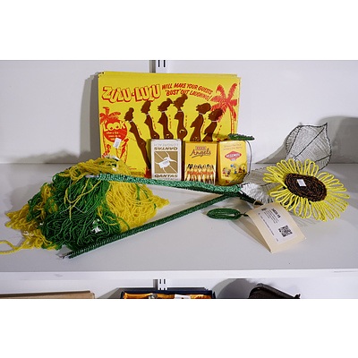 Collection of Retro Zulu Swizzle Sticks, Beaded Flowers and Tassels and Three Decks of Cards