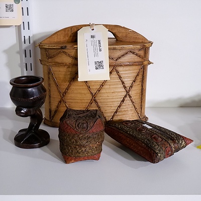 Three Eastern Woven Reed and Wooden Lidded Canisters and a Carved Wooden Pedestal Vessel