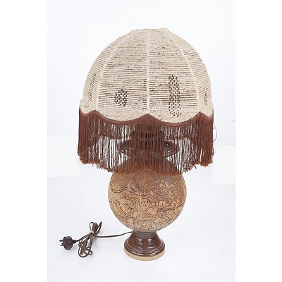 Retro Studio Pottery Table Lamp with Handcrafted Woollen Tasseled Shade