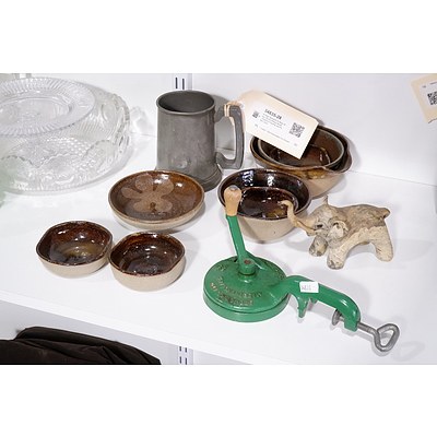 Vintage Spong & Co Bean Slicer, Studio Pottery Bowls, Elephant Figurine and Pewter Stein