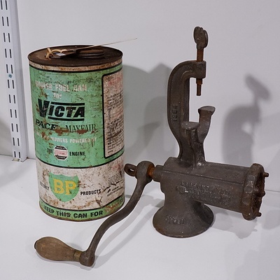 Antique Enterprise USA Hand Mincer and Vintage Victa Petrol Can (2)