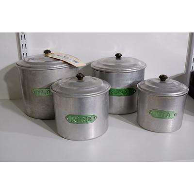 Set of Four Vintage Aluminium Kitchen Canisters with Bakelite Handles