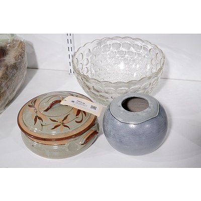 Large Vintage Pressed Glass Bowl, Kalinka Pottery Lidded Tureen and Studio Pottery Vase (3)