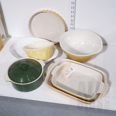 Collection Seven pieces Ceramic Cookware Including Dianna Yellow Polka Dot Mixing Bowl and More