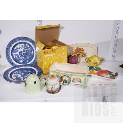 Collection 11 Retro Ceramic Pieces Including Crown Devon Coaching Days Platter, Hand Painted Maruhon Ware Planter, Three Churchill Blue and White Plates