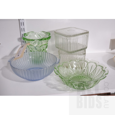 Collection Five Retro Depression Glass Pieces Including Green Uranium Glass Bowl, Two Lidded Containers and More