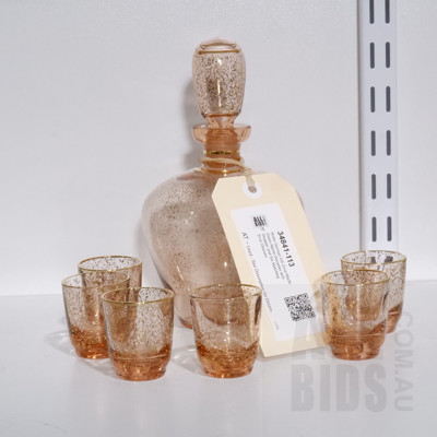 Retro German US Zone Made Glass Alpine Decanter with Stopper and Six Matching Shot Glasses