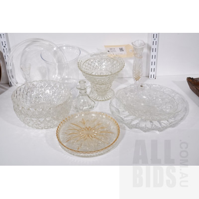 Collection 12 Vintage Cut and Pressed Glass Pieces Including Anchor & Hocking USA Pie Dish, Two Bud Vases and More