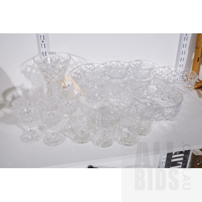Collection 20 Vintage Crystal and Glass Pieces Including Three Footed Bowls, Vase, Six Wine Glasses and More