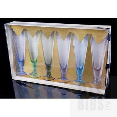Set Six Retro Harlequin Colored Glasses in Original Box with Grape Motif Decoration
