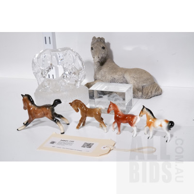Glass Horse Paperweight, Glass Rectangular Horse Paperweight, Composite Foal Statue and Four Small Ceramic Horse Figures