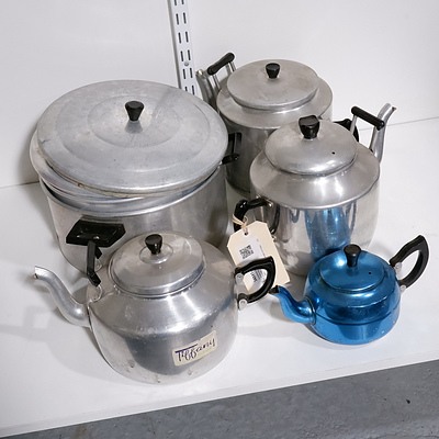 Assortment of Vintage Kitchenalia including Aluminium Kettles, and Anodised Teapot