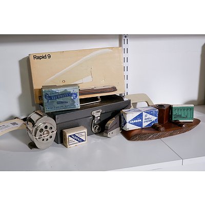 Assortment of Vintage Office Supplies including Mechanical Pencil Sharpener and Mulga Wood Desk Tidy