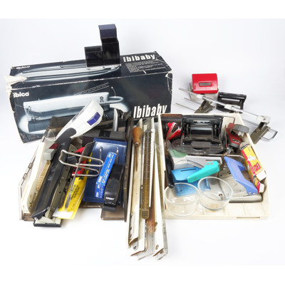 Assortment of Office Supplies and Equipment including Brother Label maker and Comb Binder