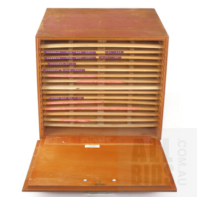 Vintage Timber Specimen Cabinet with Pull Down Door and 15 Slide Out Drawers - Ex Bureau of Mineral Resources  Circa 1960s