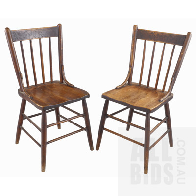 Pair of Vintage Pine Kitchen Chairs with Carved Scrollwork to Back Rail