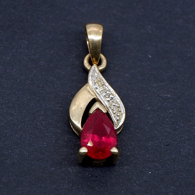 9ct Yellow Gold Diamond and Pear Shape Created Ruby