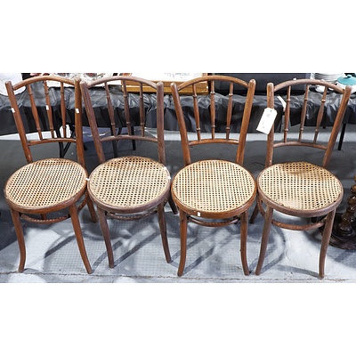 Set of Four Vintage Spindleback Bentwood Chairs with Woven Rattan Seats