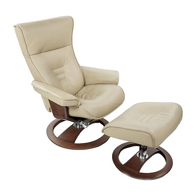 IMG Beige Leather Reclining Armchair with Matching Ottoman