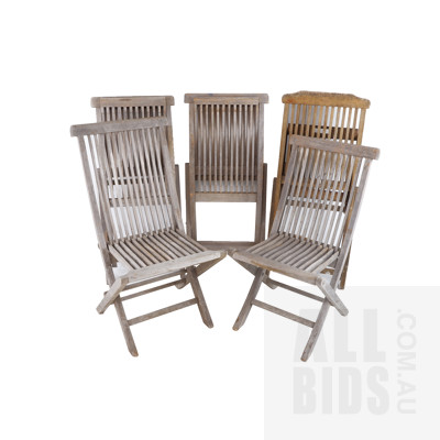 Five Rustic Teak Folding Outdoor Chairs, Four Ascot