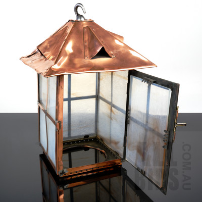 Antique Arts and Crafts Style Copper and Frosted Glass Hanging Lantern Shade