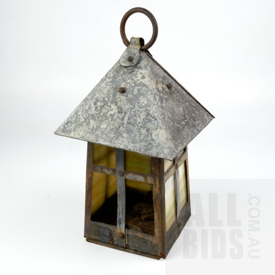 Vintage Tin and Marbled Glass Hanging Lantern Shade