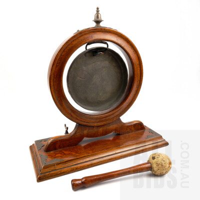 Antique Oak Dinner Gong with Brass Corner Detail and Finial