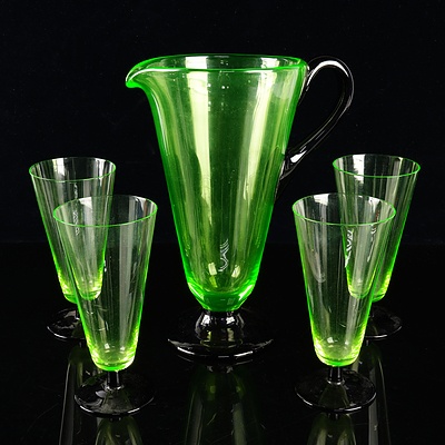 Vintage Uranium Glass Lemonade Jug with Four Matching Glasses
