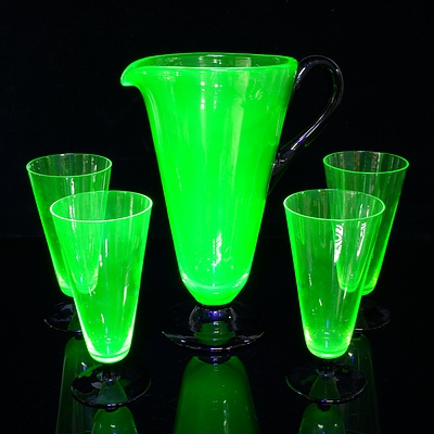 Vintage Uranium Glass Lemonade Jug with Four Matching Glasses