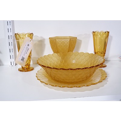 Art Deco Amber Glass Bowl, Matching Plate and Three Vases