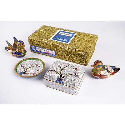 Chinese Cloisonne Trinket Box, Matching Plate and Two Duck Trinket Boxes