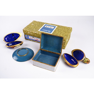 Chinese Cloisonne Trinket Box, Matching Plate and Two Duck Trinket Boxes