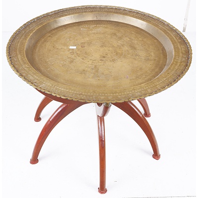 Vintage Side Table with Folding Base and Chinese Etched Brass Tray Top