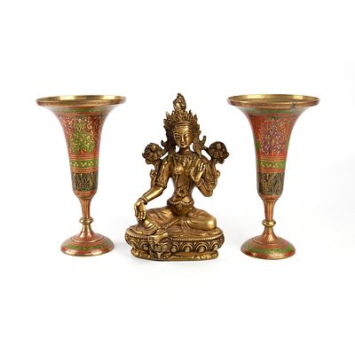 Pair of Eastern Decorated Copper Vases and a Nepalese Green Tara Figurine (3)