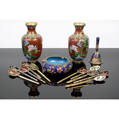 Assorted Cloisonne Pieces including Two Vases